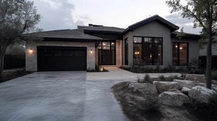 Poster - Exterior view of a modern single-story house with a light-colored stone facade and dark roof and trim under cloudy sky. Features garage, manicured landscaping