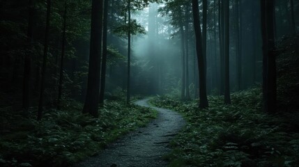 Aufkleber - Lush forest path leading into atmospheric light amid dense trees. Wet leaves and rain create an eerie, mysterious mood. Predominantly dark green and gray, with soft lighting and textures