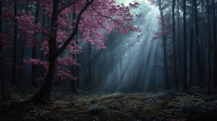 Poster - Serene forest scene with sun rays streaming through trees and pink cherry blossoms. Peaceful and mystical atmosphere