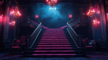Poster - Elegant interior with staircase and chandeliers illuminated by pink and blue lights creating a glamorous atmosphere