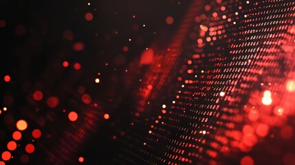 Abstract image of data stream with red glowing binary code and blurred bokeh lights on a dark background