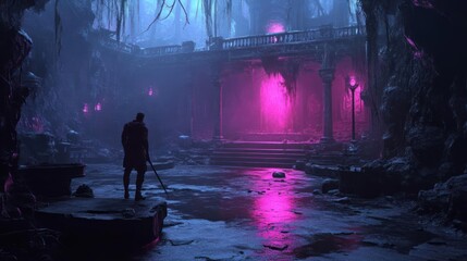 Poster - A lone figure stands in a mystical abandoned structure illuminated by vibrant pink and blue lights. Overgrown vegetation and architectural ruins create an atmospheric, otherworldly scene