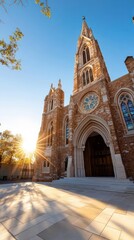 Poster - Majestic stone cathedral bathed in warm sunlight with stained glass windows and intricate architecture beneath a clear blue sky