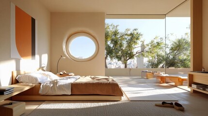 Poster - Bright bedroom interior with natural sunlight illuminating a round window and bed with geometric wall art overlooking trees and building