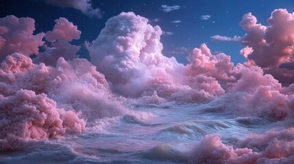 Leinwandbilder - Pink fluffy clouds and soft white waves under a vibrant gradient sky at night