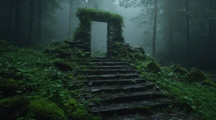 Aufkleber - Stone archway leading to a magical portal or doorway in a lush green forest with stone steps and moody lighting. Mysterious and enchanting