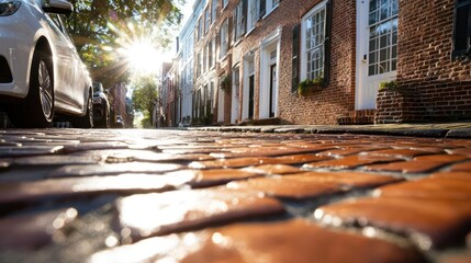 Aufkleber - A sunny street scene with cobblestone pavement lined with red brick buildings and parked cars. The sun shines brightly with a lens flare. Focus is on the ground