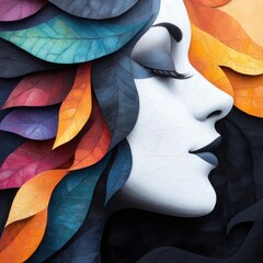 Poster - Profile portrait of a woman's face with closed eyes surrounded by colorful abstract leaves with a dark background