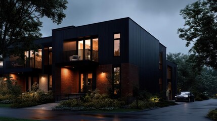 Poster - Modern two-story residential building with dark facade and warm interior lighting surrounded by lush greenery at dusk. A car is parked in the driveway