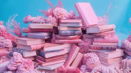 Leinwandbilder - Digitally rendered pink flowers books and electronic device on a teal background creating an aesthetic composition with a sense of tranquility and fantasy