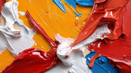 Poster - Abstract artwork with vibrant colors texture and expressive brushstrokes displaying a chaotic yet captivating display of color on canvas reflecting a high angle view