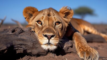 Aufkleber - Close up portrait of a feline resting on a log in a dry landscape under a clear blue sky