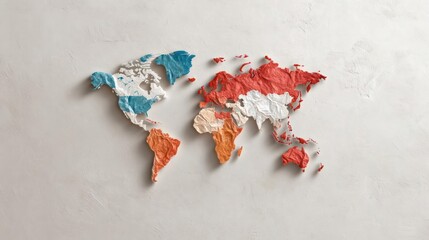 Aufkleber - Abstract world map with textured effect showcasing various continents in vibrant orange blue and red tones set against a neutral surface