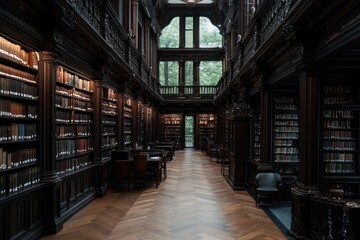 Aufkleber - Grand wooden library interior with rows of bookshelves wooden tables and chairs natural light from large windows creating a calm atmosphere and inviting space
