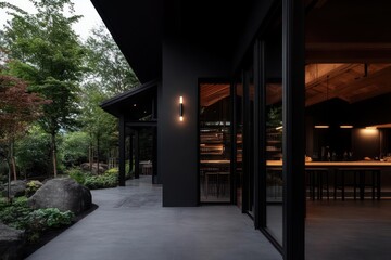 Poster - Exterior view of a modern house with a dark facade surrounded by lush greenery. The house has large glass doors, creating an inviting indoor-outdoor space with warm lighting