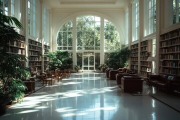 Poster - A bright library interior features large windows overlooking lush greenery Brown leather armchairs and bookshelves line the walls creating a serene atmosphere Sunlight streams into the room