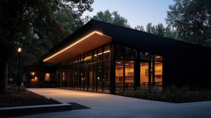 Poster - Exterior night shot of a modern building with large windows illuminated interior and surrounding trees a peaceful atmospheric architectural scene