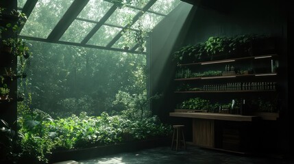 Aufkleber - Sunlight streams through lush greenery in a modern interior space with shelves of plants and a bar setting creating a tranquil and inviting atmosphere