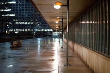 Poster - Wet walkway illuminated by streetlights at night next to building with reflective glass facade