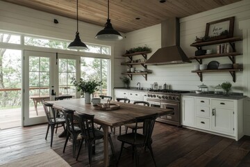 Aufkleber - Interior kitchen dining area with wooden table chairs stainless steel appliances plants and natural light through glass doors
