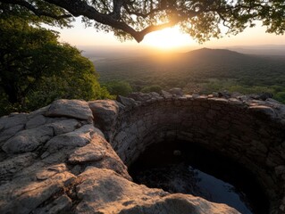 Poster - A stone well foregrounds a landscape view at sunset. The sun shines through the trees. A vast forest extends towards the horizon and the warm light creates a peaceful scene