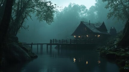 Poster - Atmospheric view of a wooden cabin on a lake at night with heavy rain and lush green trees. The cabin is illuminated with warm lights