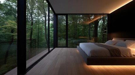 Aufkleber - Modern bedroom interior with large windows overlooking a green forest. The room features wooden floors, a minimalist bed with white linens and warm ambient lighting. The space has a peaceful and