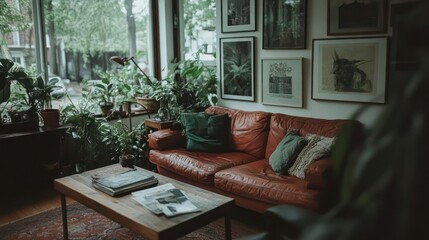Poster - Cozy living room with red leather sofa surrounded by green plants wooden table art frames and a large window creating a warm ambiance