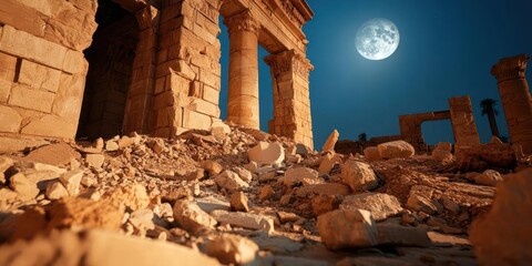 Poster - Ruined ancient architecture under a full moon illuminating the night sky with broken columns and scattered debris. The scene evokes a sense of history and desolation