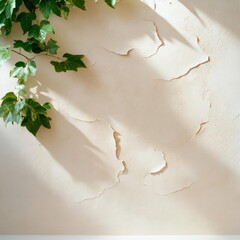 Poster - Close-up of a textured beige wall with peeling paint and a climbing plant's green leaves and shadows creating a natural contrast