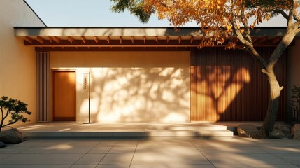 Poster - Exterior view of a modern zen garden design with a wooden door and textured wall. Sunlight casts shadows across the scene, with a tree on the right and a small plant on the left