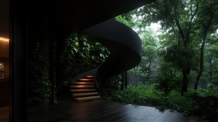 Poster - Spiral staircase inside modern building with glass walls offering view of lush green foliage outside under rainy weather