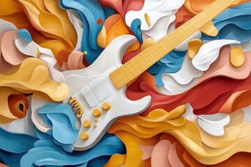 Poster - Abstract illustration featuring a white electric guitar with yellow frets and knobs surrounded by colorful paper cut out shapes in a vibrant composition