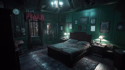 Poster - Intricate interior bedroom scene featuring a four poster bed bedside lamps and antique furniture. The room is bathed in green tones with framed artwork on the walls. The lighting creates a gloomy