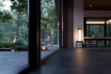 Aufkleber - Interior view with large window looking into a lush green garden with trees and a stone pathway and an indoor lamp