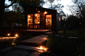 Poster - Illuminated modern cabin at night with warm interior lights reflecting from windows and pathway lights in garden