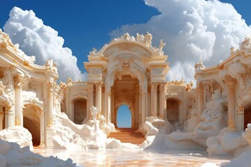 Poster - Ornate architectural structure with bright white facades arches and columns with a blue sky in the background digital artwork
