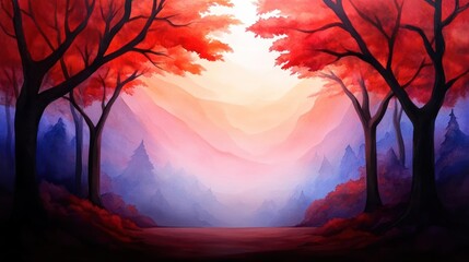 Poster - Watercolor painting of vibrant autumn forest scene with trees and warm light. Featuring red and orange foliage with a path. Atmospheric landscape art