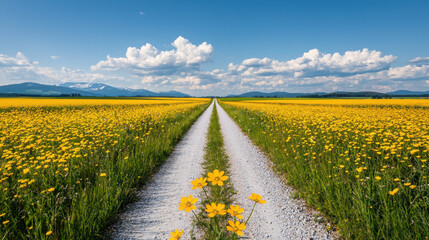 Wall Mural - balance and regeneration concept, vibrant yellow flower field with gravel road leading to distant mo