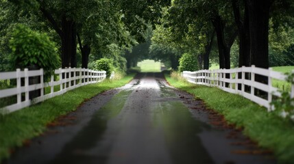 Poster - Wet asphalt road lined with trees and white fences under a bright sky creates a serene rural scene after rain