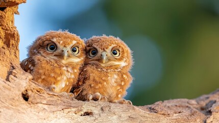Aufkleber - Two fluffy brown owlets perched on a weathered wooden surface with a blurred green and blue background soft natural lighting