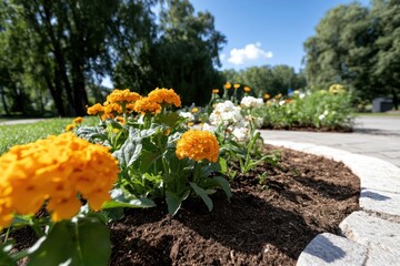 Leinwandbilder - Close up view of vibrant orange and white flowers in a garden bed on a sunny day with green grass and trees in the background