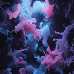 Poster - Abstract digital art with detailed fractal structures in pink and blue colors creating a surreal, ethereal atmosphere within a dark background