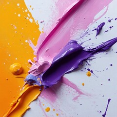 Fototapete - Abstract colorful artwork featuring textured paint strokes with splatters of orange pink and purple on a silver background