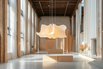 Poster - Large interior space with high ceilings natural light and various beige and white elements including curtains and paper art
