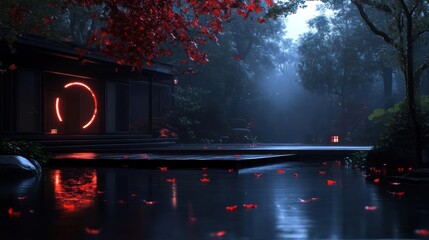 Poster - Atmospheric scene of a garden featuring a serene pond a traditional house with a glowing circular light and vibrant red foliage illuminated by soft light