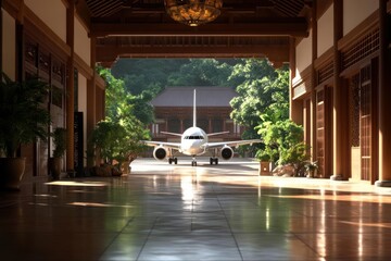 Poster - Airplane parked inside a traditional wooden structure with a view of trees and a building in the background with warm lighting creating a serene atmosphere