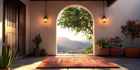 Poster - Courtyard scene with arched doorway wooden door and oriental rug potted plants mountain view and warm lighting