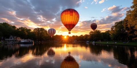 Poster - Scenic sunset view with vibrant hot air balloons floating above a reflective lake and lush trees. Captivating sky reflections