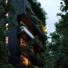 Poster - Modern architectural structure with balconies filled with vibrant green foliage against a twilight sky